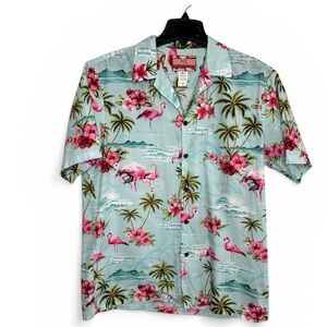 RJC Hawaii Men Size Large "Flamingo Haven" Hawaiian shirt in Light Blue and Pink
